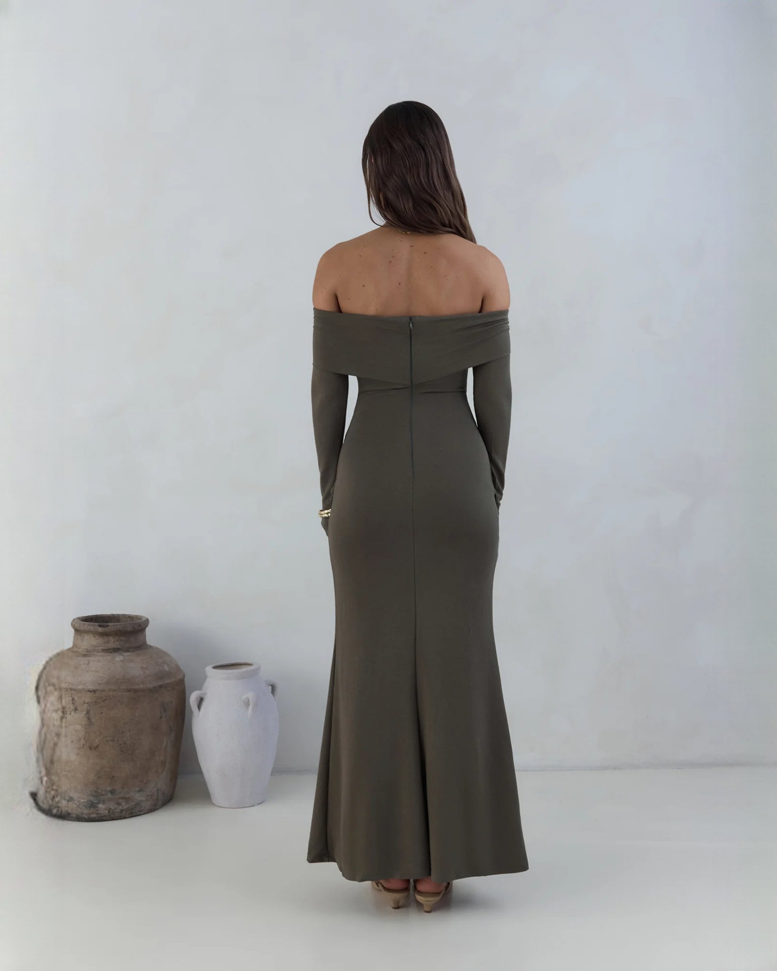 off-shoulder structured satin a-line maxi bridesmaid dress - image 2