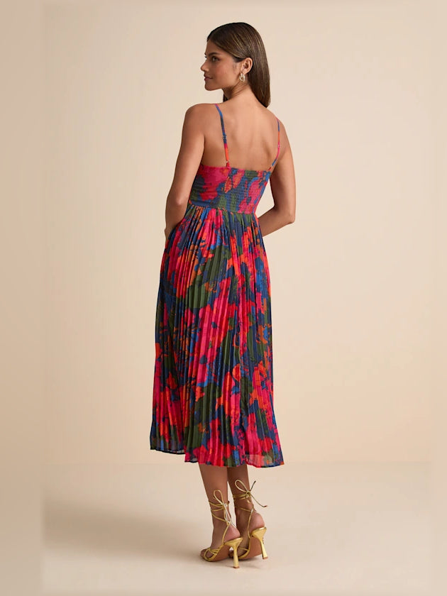 Dark Blue Floral midi formal dress with pleated skirt, alternate view