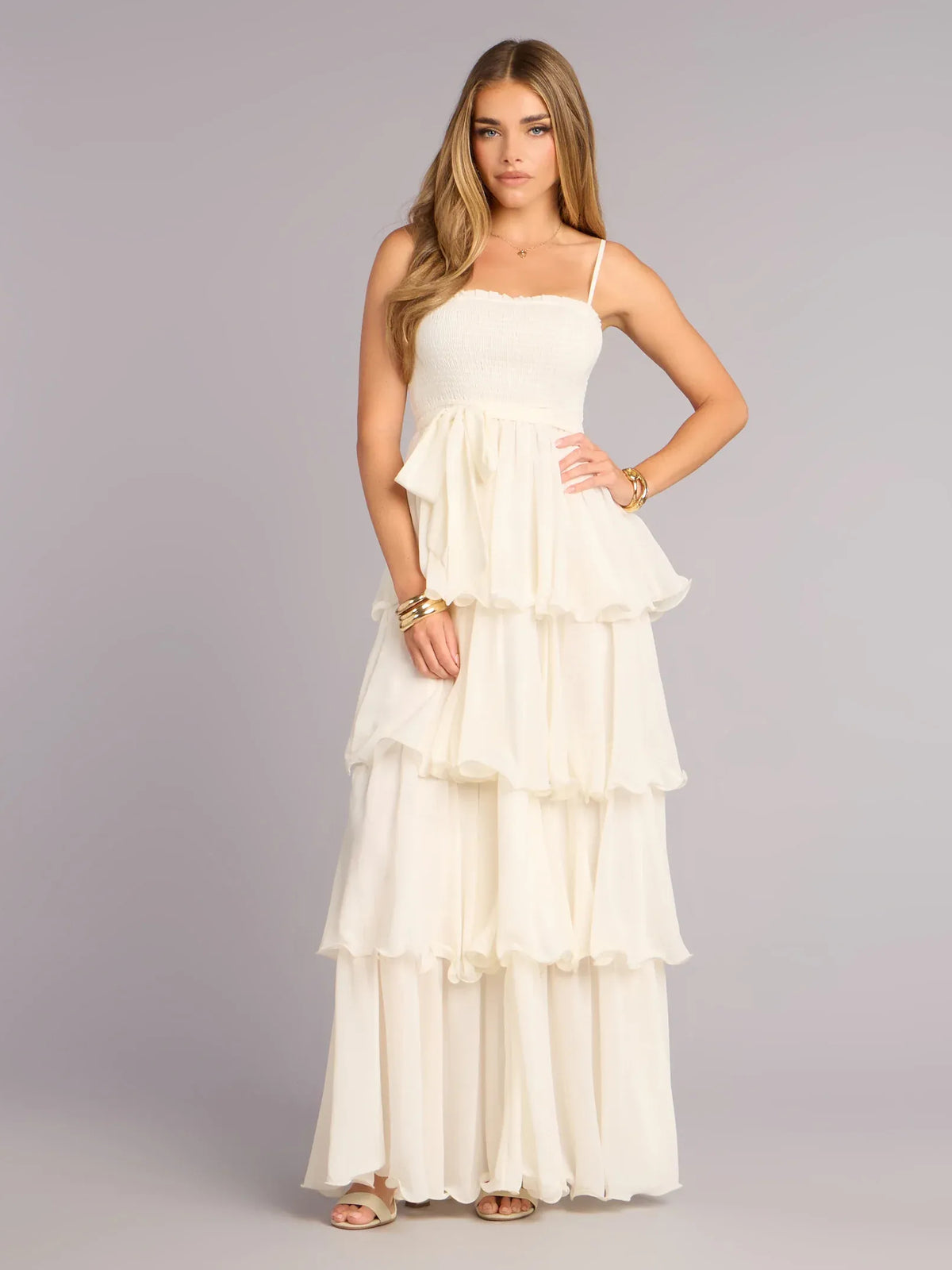 Ivory maxi prom dress, alternate view showing the bodice and skirt