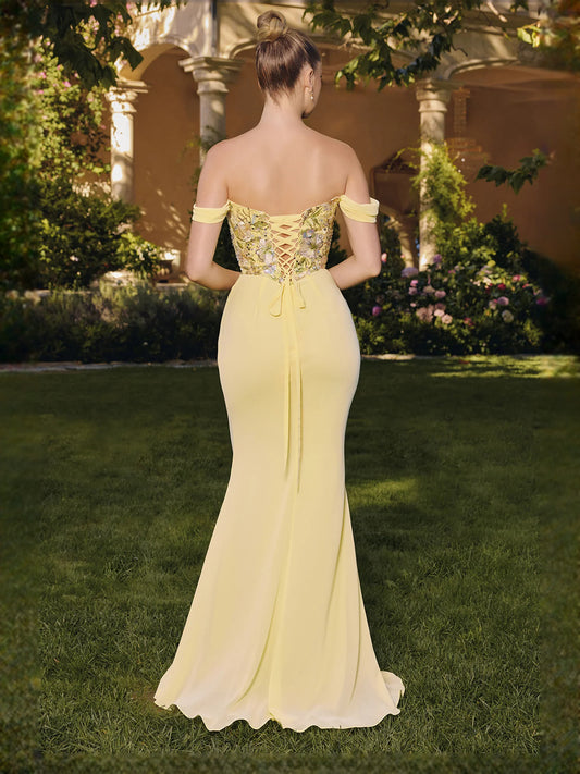 Pale Lemon floor-length prom dress, back view showing the rear of the dress