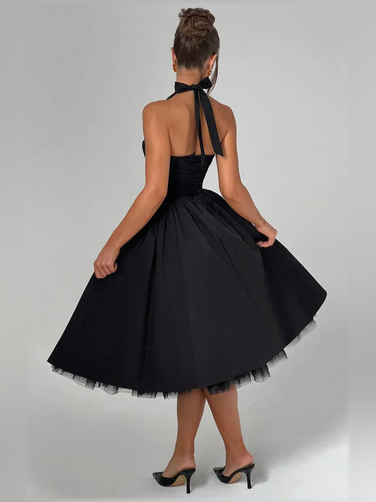 Black a-line midi formal dress with halter neckline, alternate view