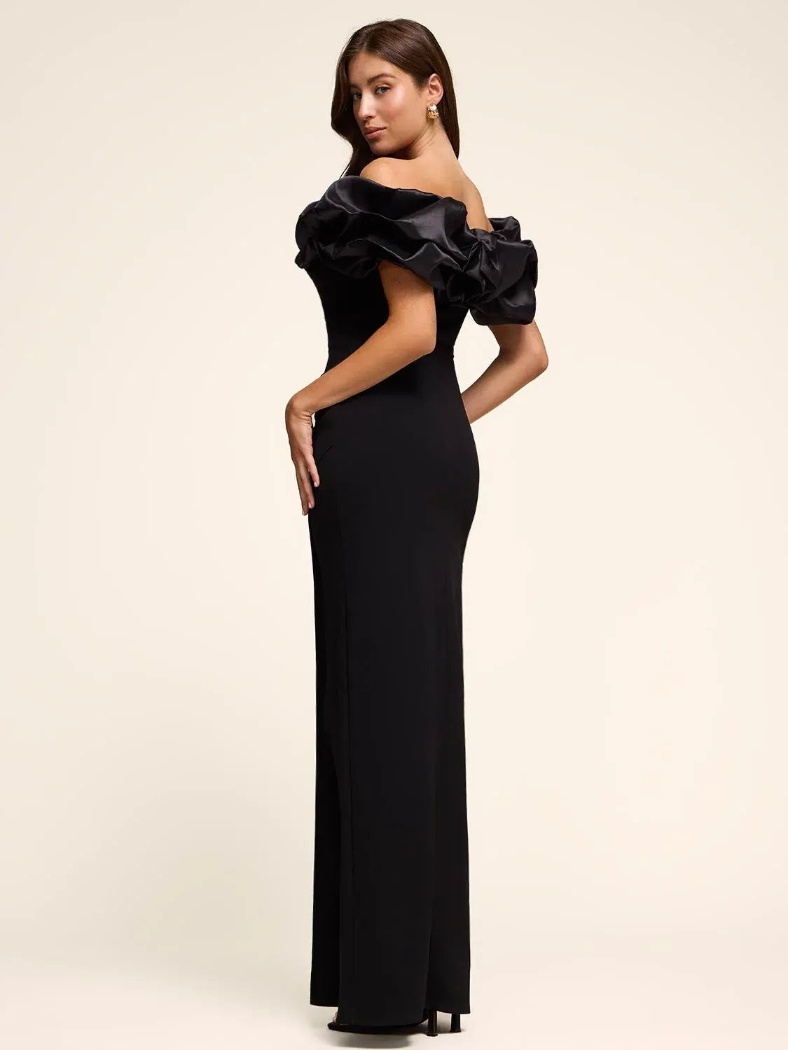 Black mermaid floor-length formal dress with skirt slit, alternate view