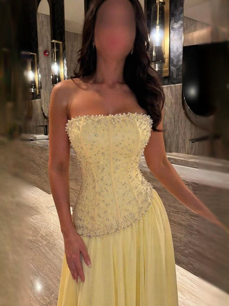 Pale Yellow a-line floor-length formal dress with pleated skirt, alternate view