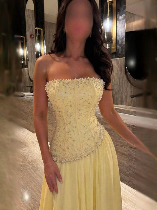 Pale Yellow a-line floor-length formal dress with pleated skirt, alternate view