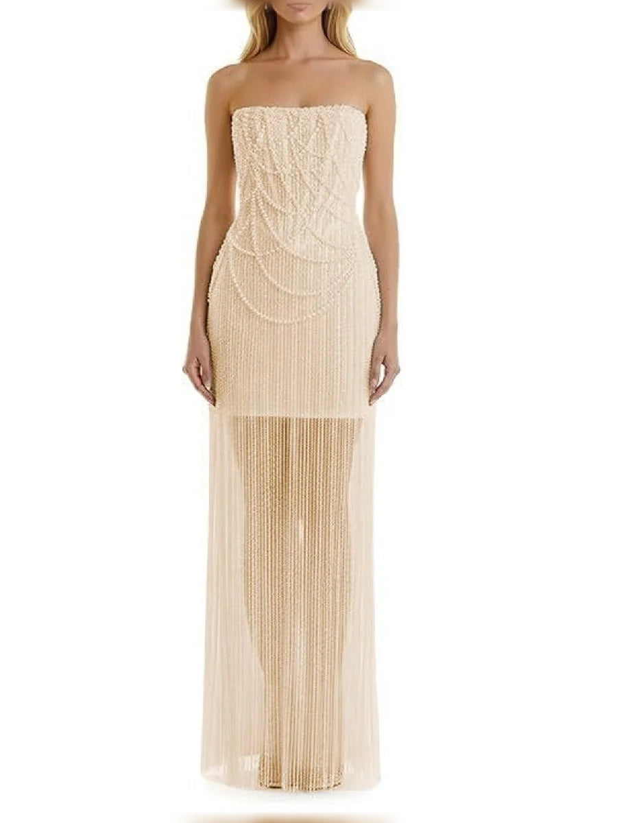 Champagne sheath floor-length formal dress with beading, alternate view