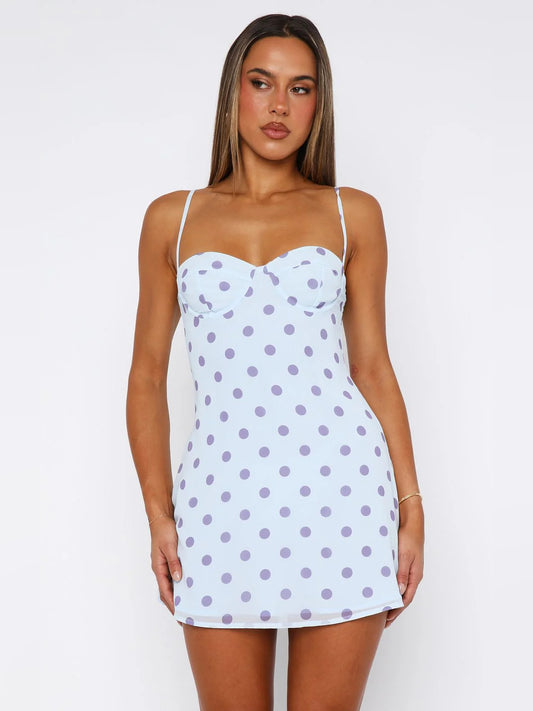 Blue Polka Dot mini homecoming dress, alternate view showing the bodice and skirt