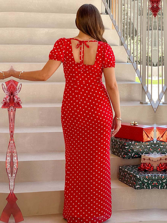 Red Polka Dot sheath maxi formal dress with printed pattern, full-length back view