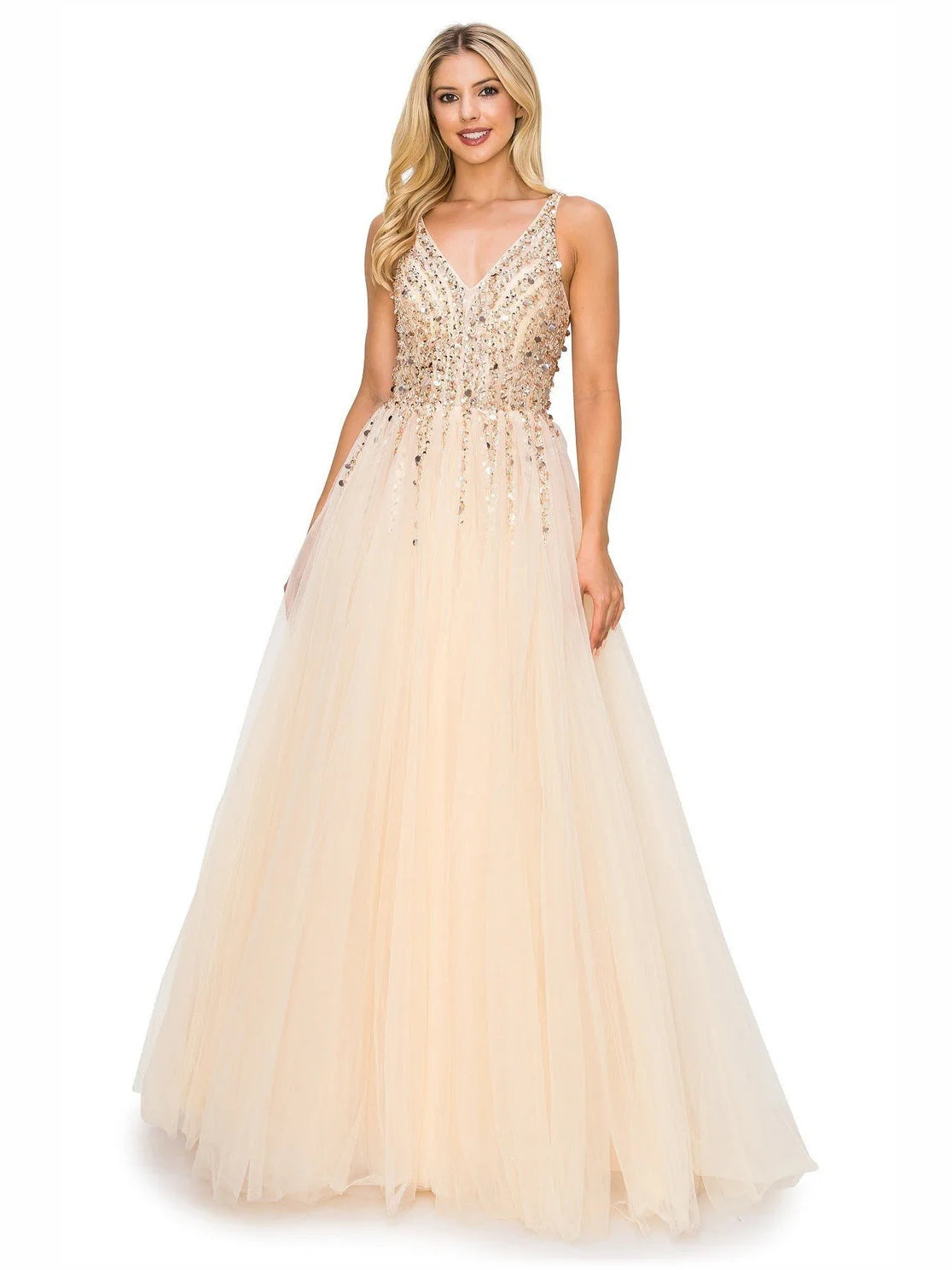 Champagne a-line floor-length formal dress with beading, alternate view