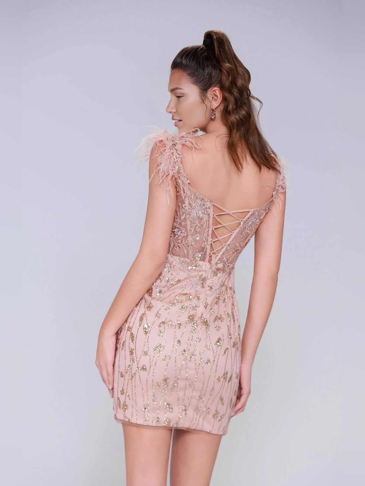Rose Gold mini homecoming dress, back view showing the rear of the dress