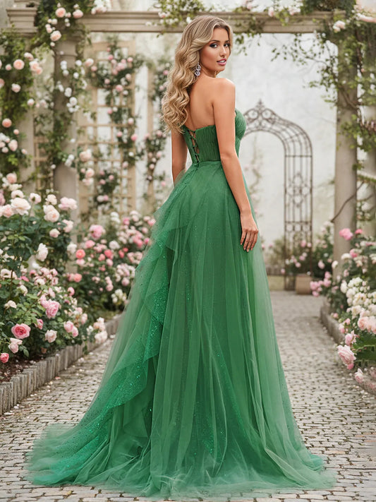 Green a-line floor-length formal dress with ruffle details, alternate view