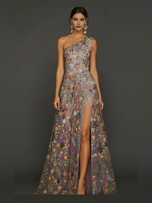 Mauve maxi prom dress, alternate view showing the bodice and skirt