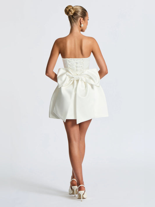 Ivory mini homecoming dress, alternate view showing the bodice and skirt