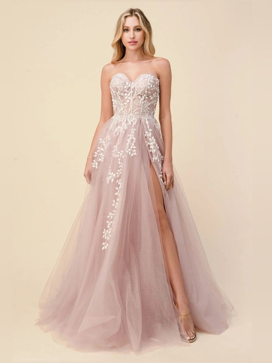 Mauve floor-length prom dress, alternate view showing the bodice and skirt