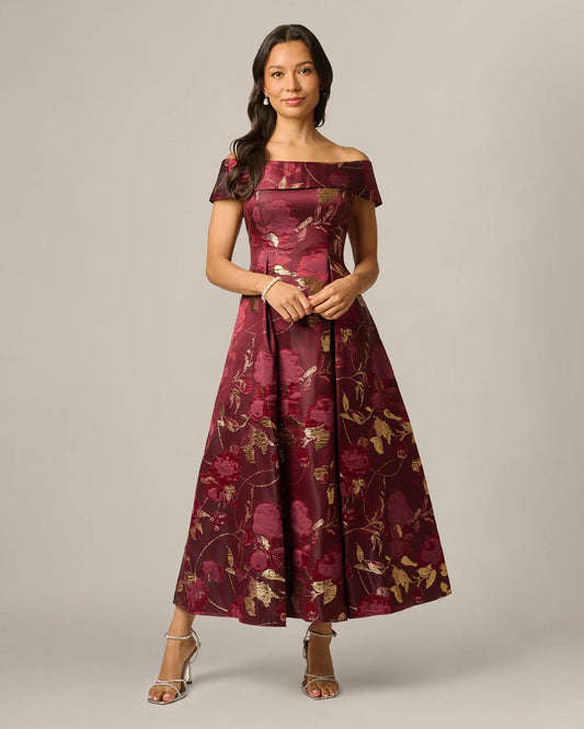 off-shoulder a-line midi mother of the bride dress - image 2