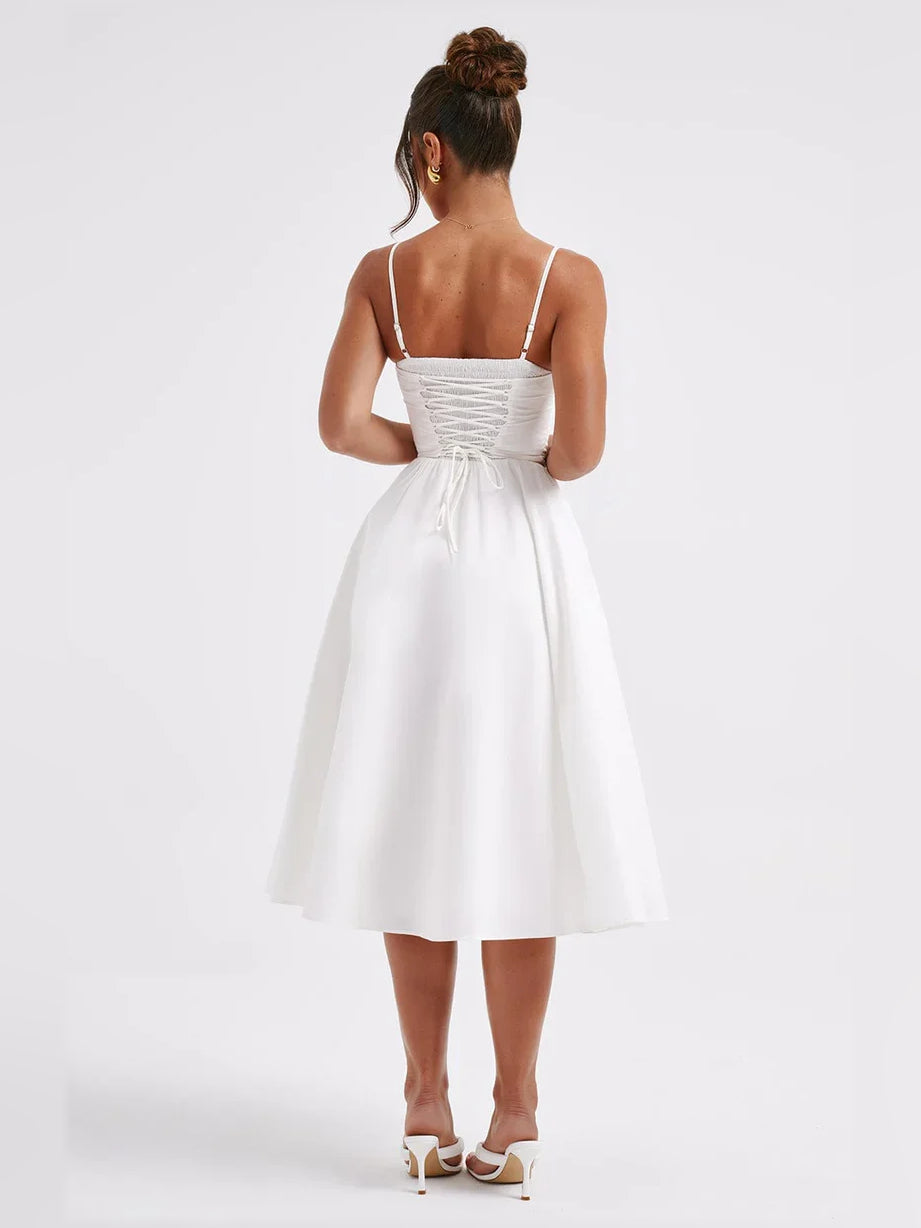 White a-line tea-length formal dress with corset-style bodice, alternate view
