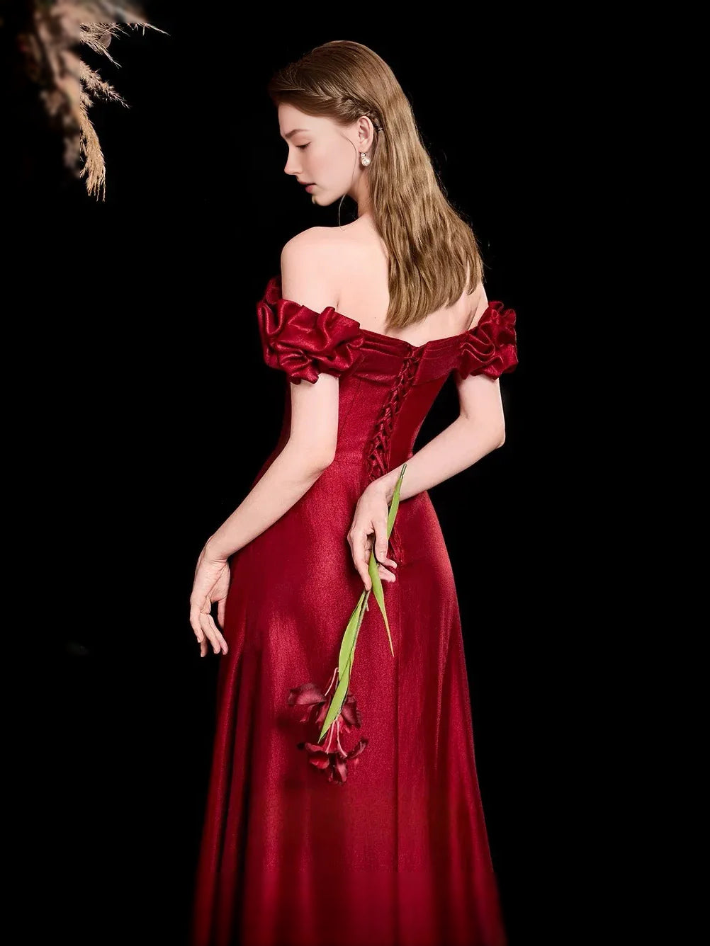 Red maxi prom dress, alternate view showing the bodice and skirt
