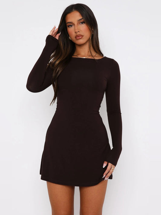 Chocolate mini homecoming dress, alternate view showing the bodice and skirt