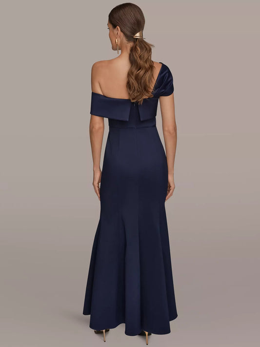 Navy Blue mermaid floor-length formal dress with one-shoulder neckline, alternate view