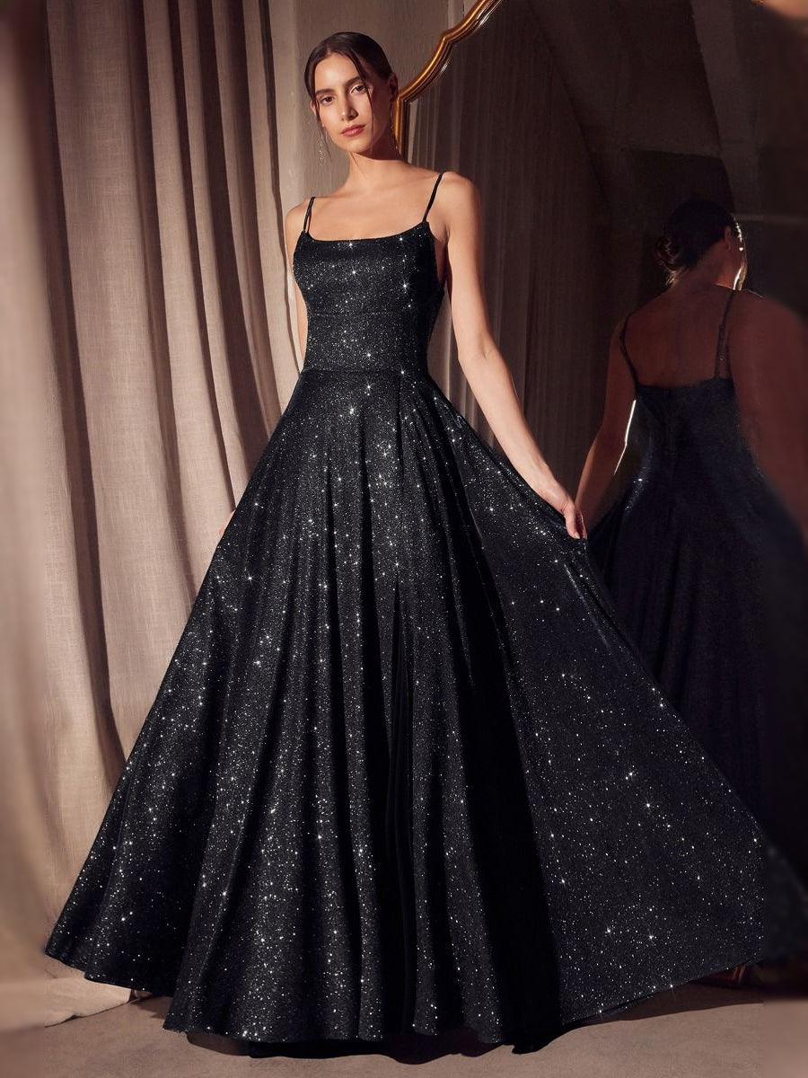 Black floor-length prom dress, back view showing the rear of the dress