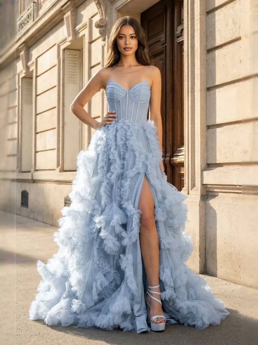 Dusty Blue floor-length prom dress, alternate view showing the bodice and skirt