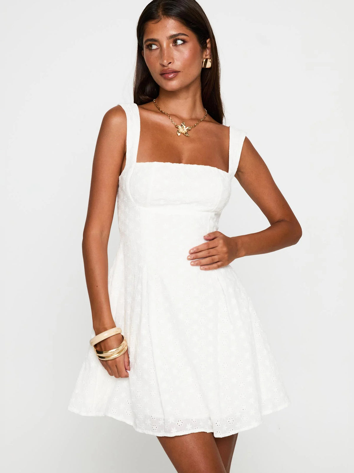 White mini homecoming dress, alternate view showing the bodice and skirt