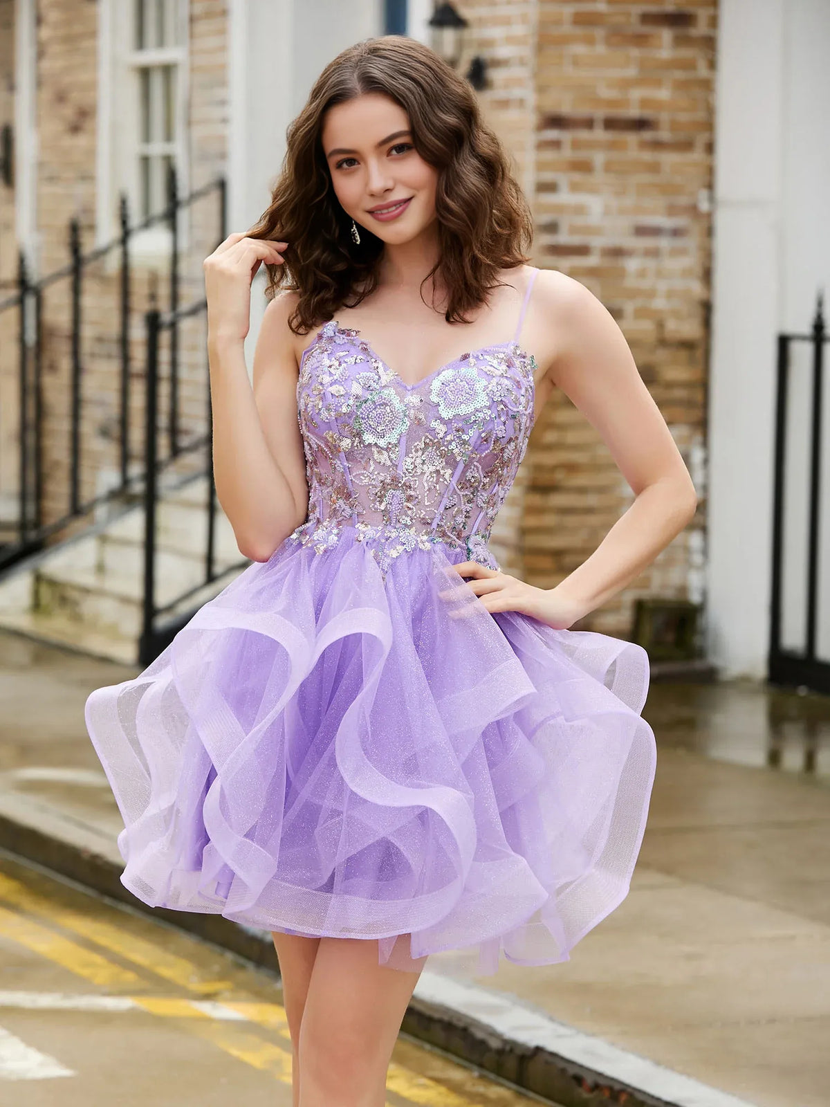 Lilac mini homecoming dress, back view showing the rear of the dress
