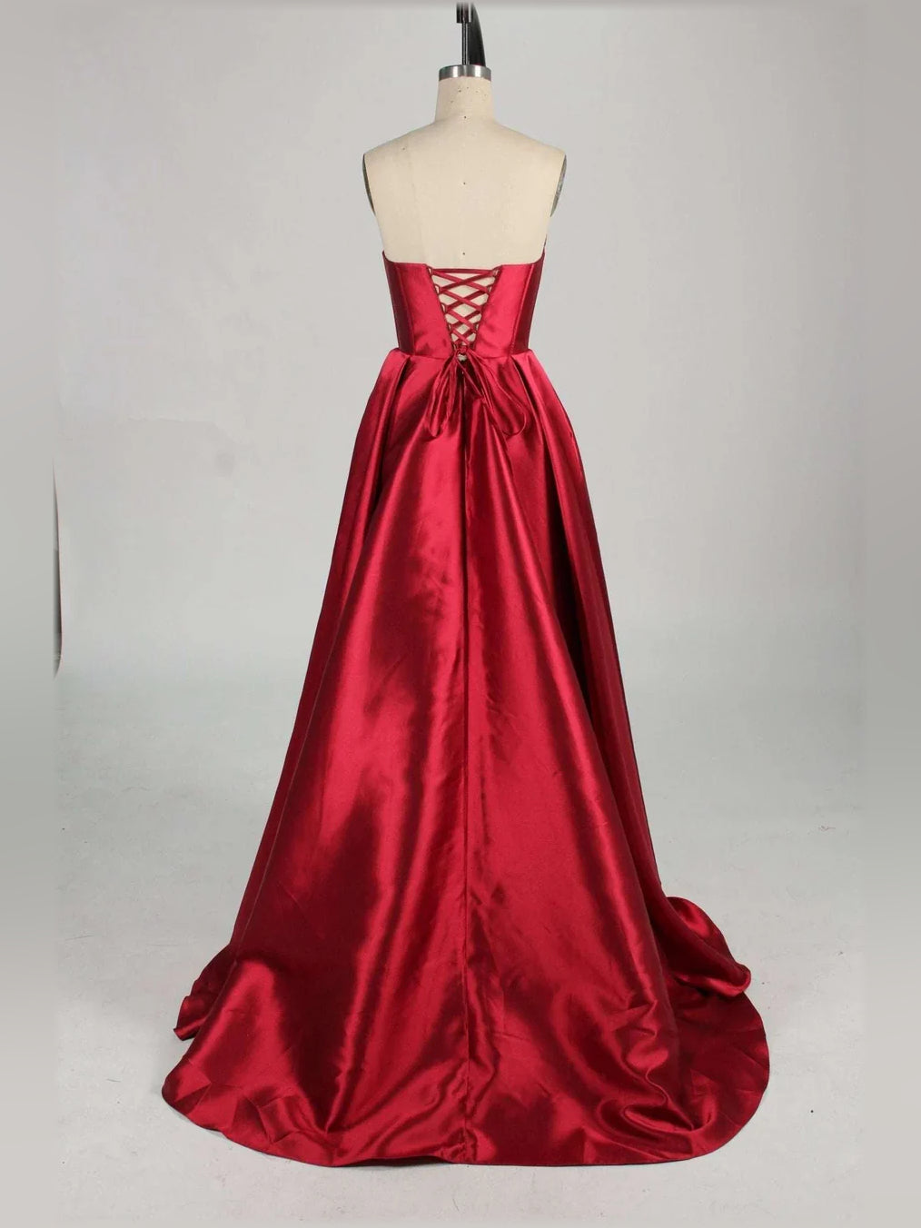 Red a-line floor-length formal dress with draping, alternate view