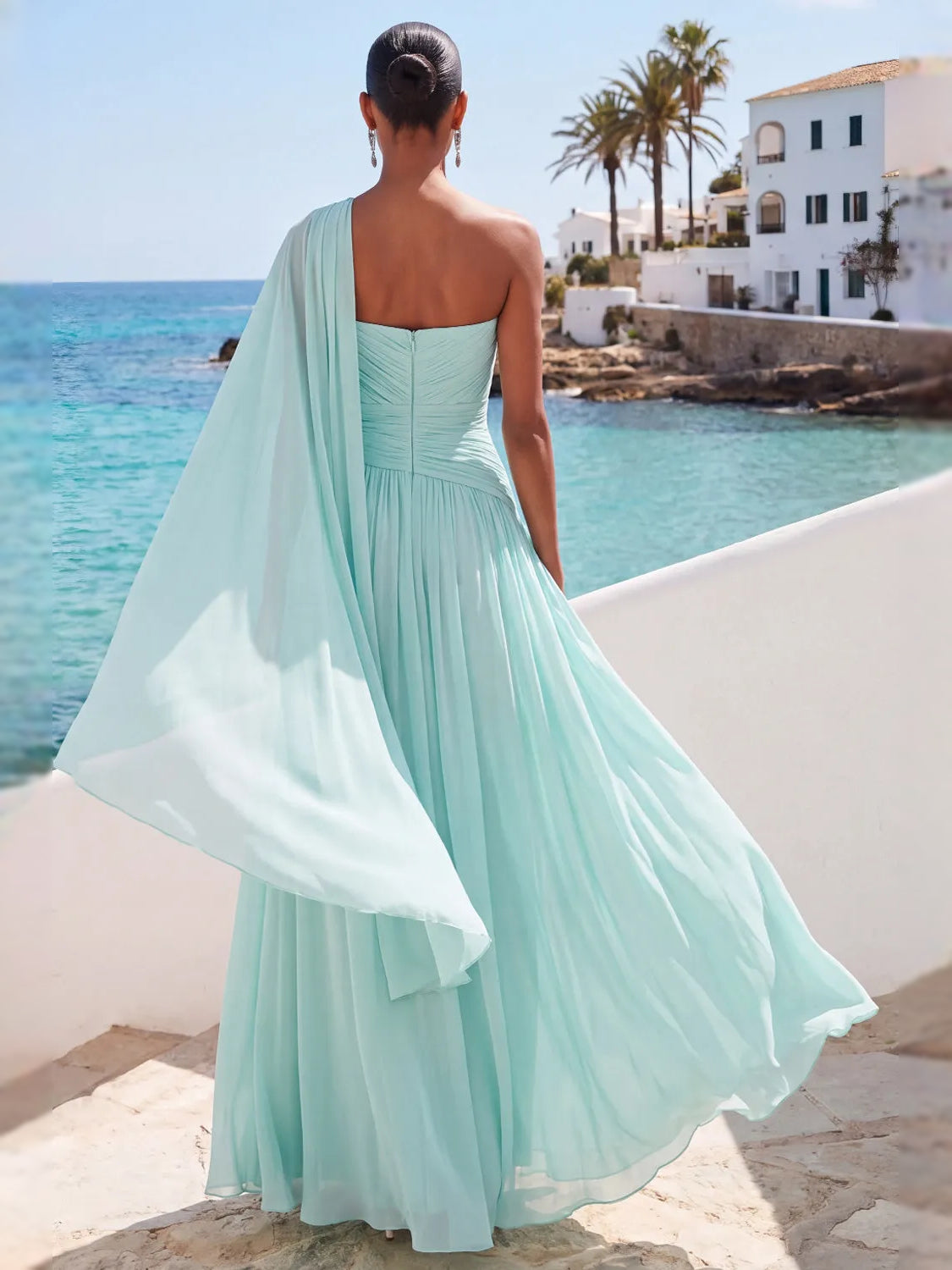Mint Green maxi bridesmaid dress, alternate view showing the bodice and skirt