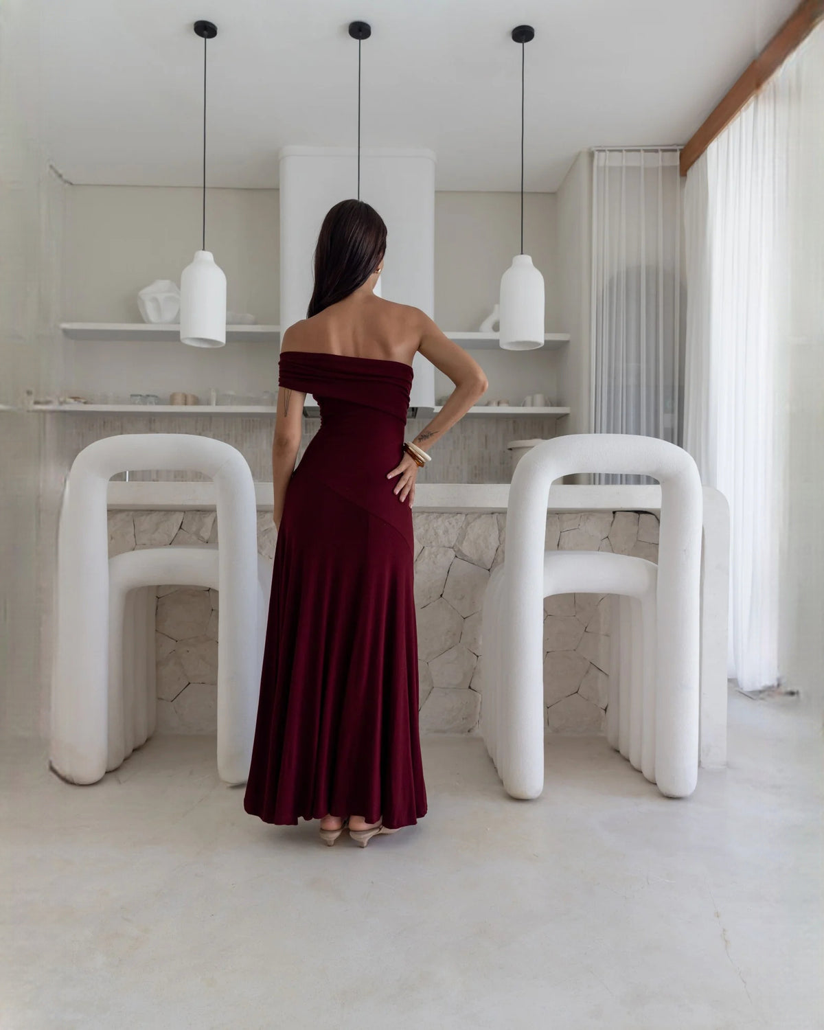 off-shoulder mesh a-line maxi bridesmaid dress - image 2
