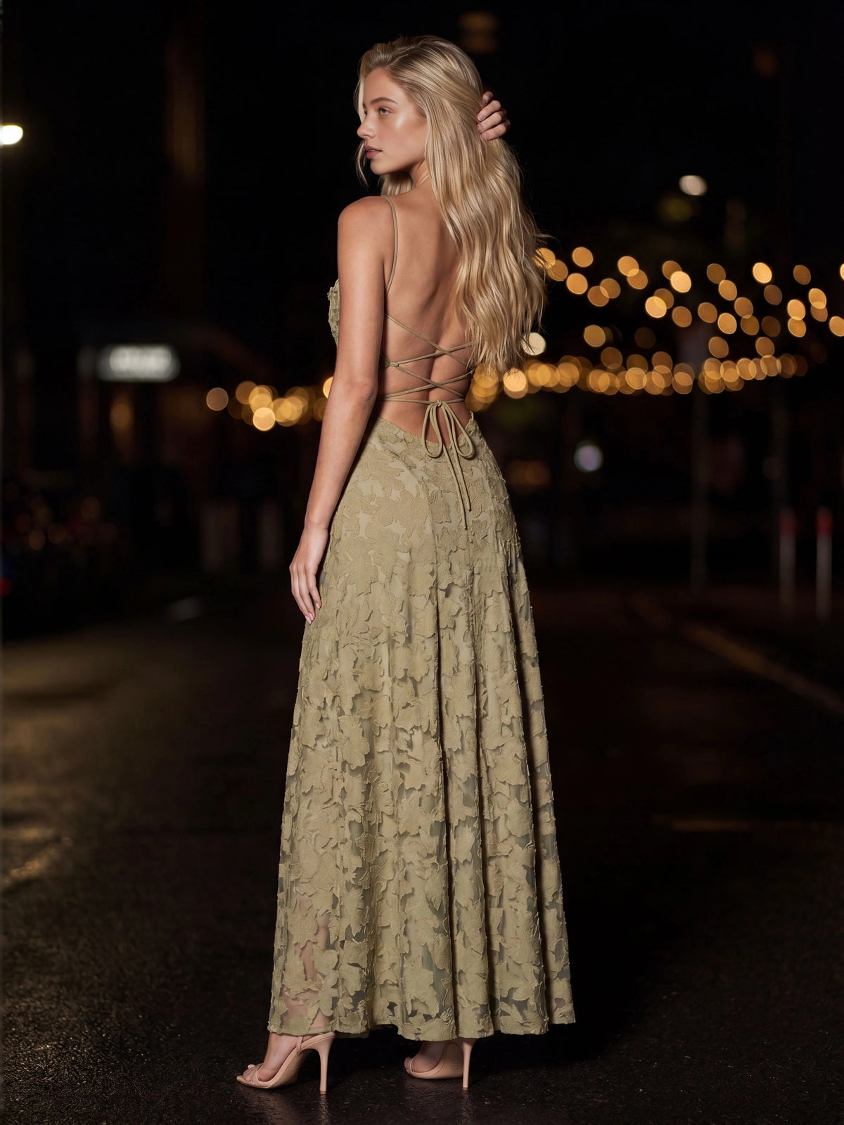 Dusty Sage maxi bridesmaid dress, alternate view showing the bodice and skirt