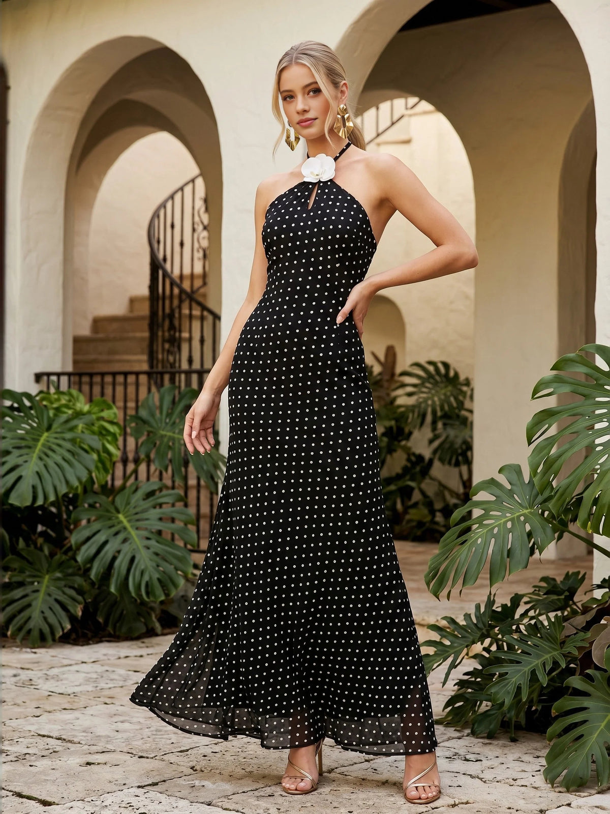 Black & White maxi bridesmaid dress, alternate view showing the bodice and skirt