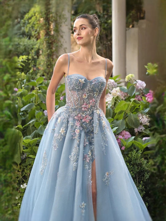 Dusty Blue floor-length prom dress, alternate view showing the bodice and skirt