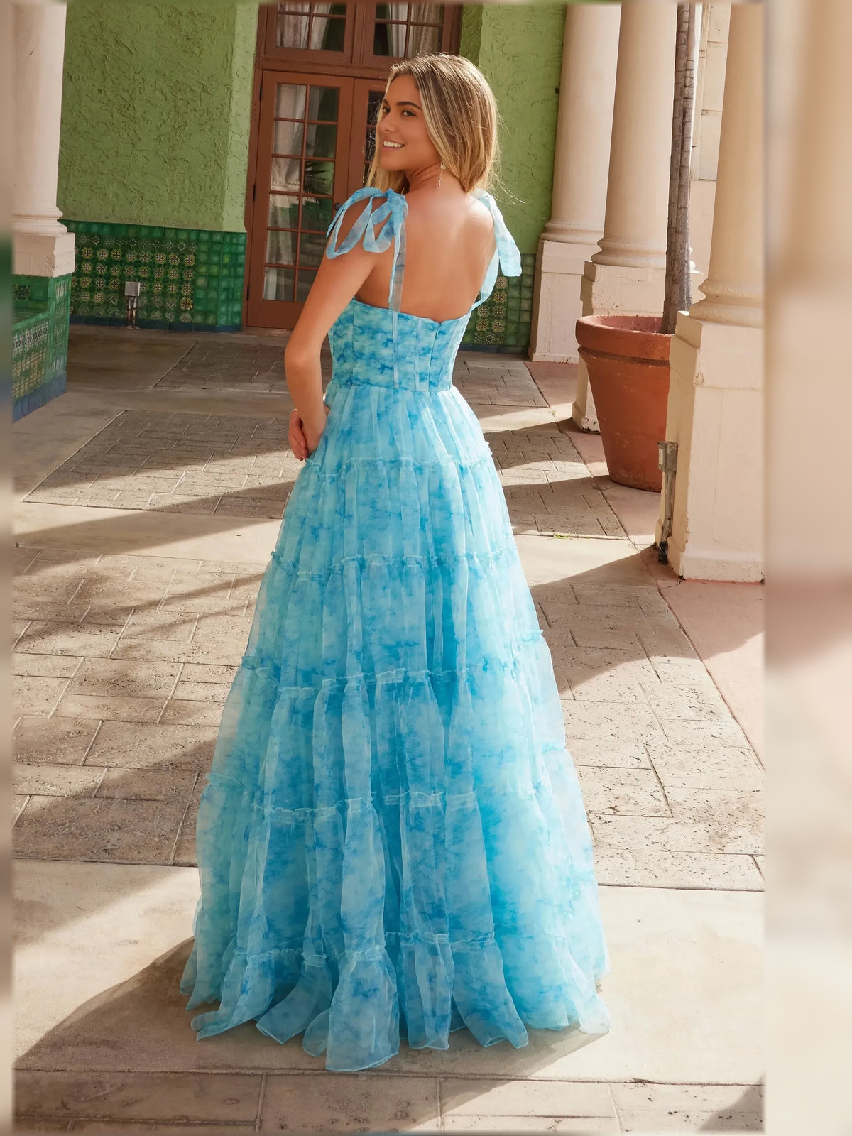 Blue a-line floor-length formal dress with bow detail, alternate view