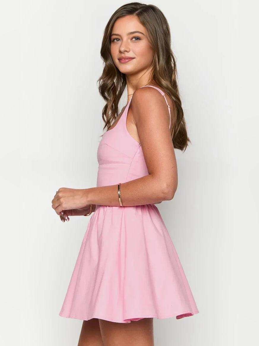 Light Pink mini homecoming dress, back view showing the rear of the dress
