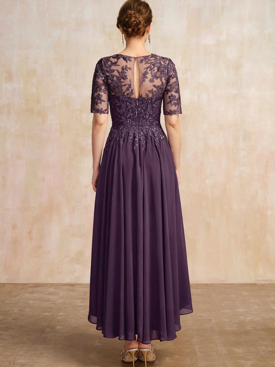 Plum midi mother of the bride dress, alternate view showing the bodice and skirt