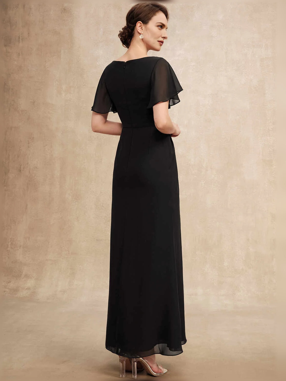 Black maxi mother of the bride dress, alternate view showing the bodice and skirt