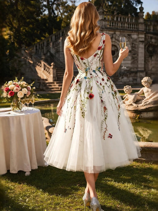 Ivory white midi prom dress, alternate view showing the bodice and skirt