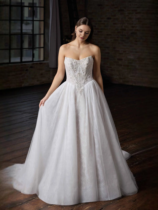 Ivory floor-length wedding dress, alternate view showing the bodice and skirt
