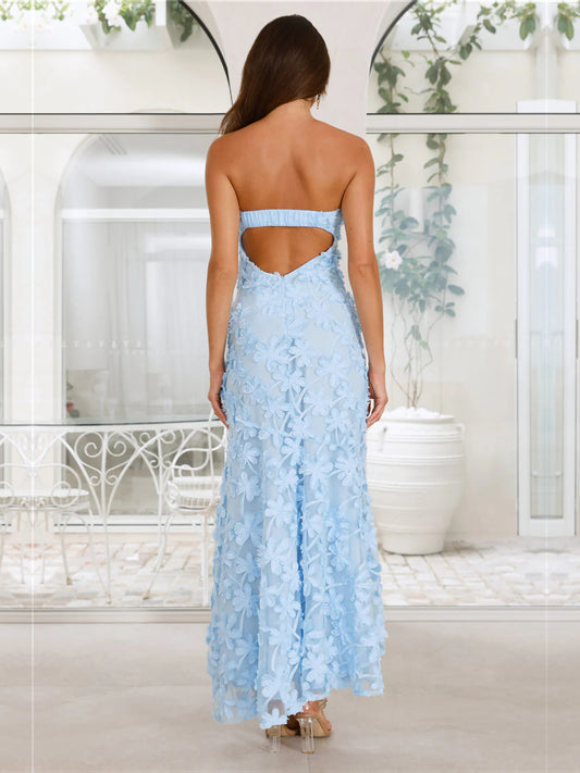 Blue sheath maxi formal dress with floral print, full-length back view