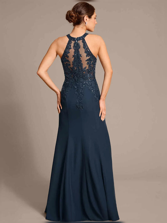Dark Navy floor-length mother of the bride dress, alternate view showing the bodice and skirt