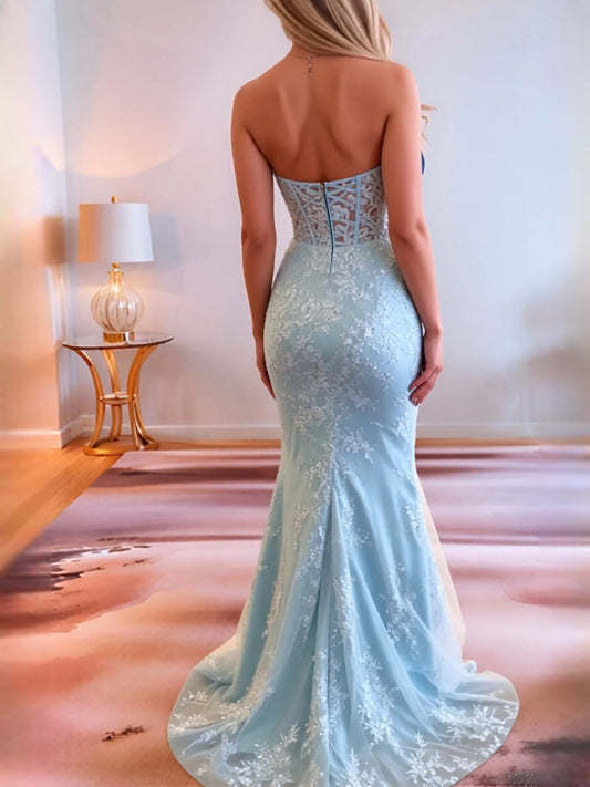 Light Blue floor-length prom dress, back view showing the rear of the dress