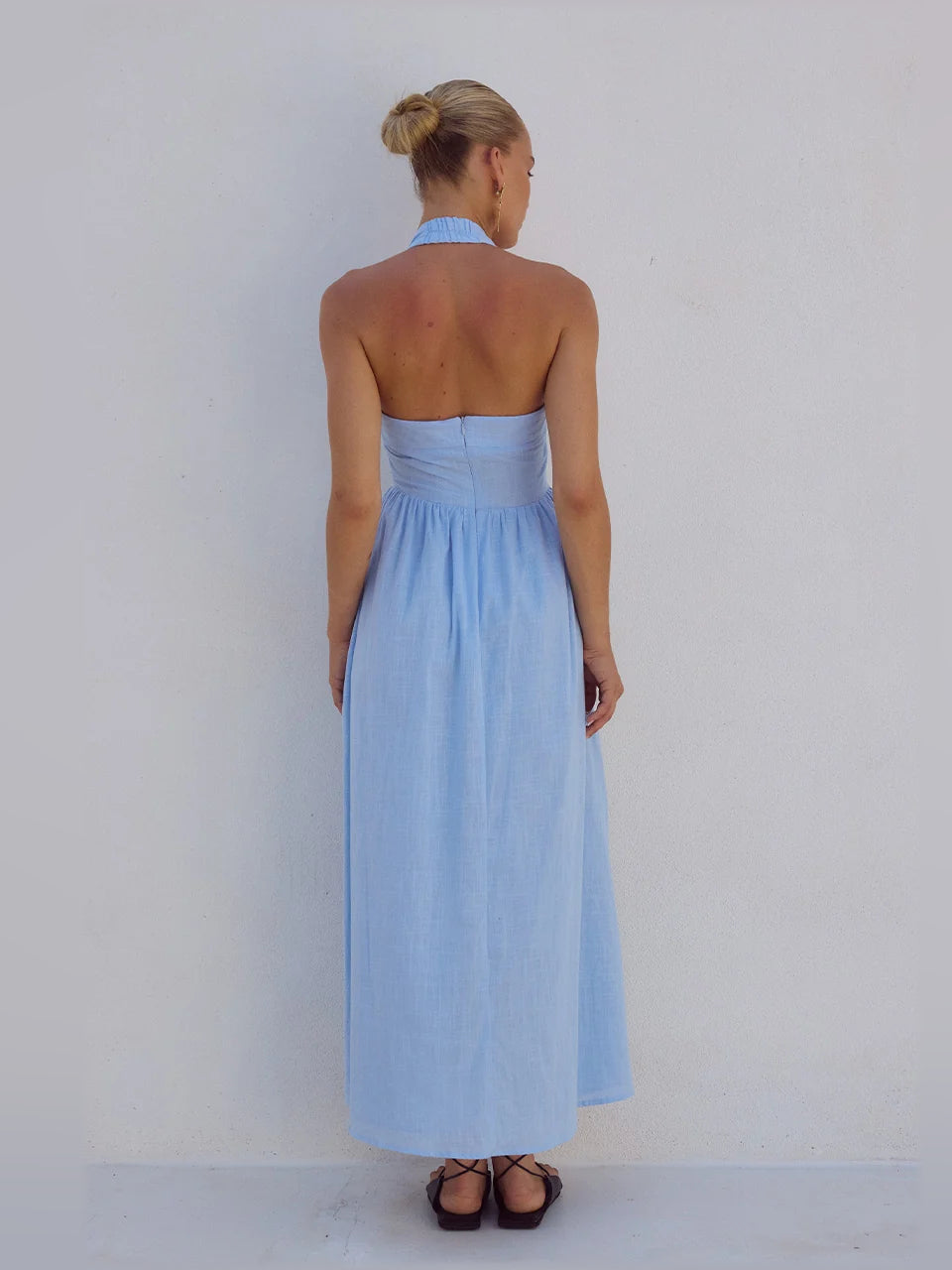 ICE BLUE a-line midi formal dress with halter neckline, alternate view