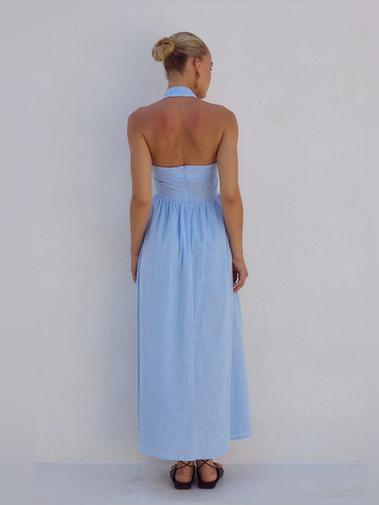 ICE BLUE a-line midi formal dress with halter neckline, alternate view