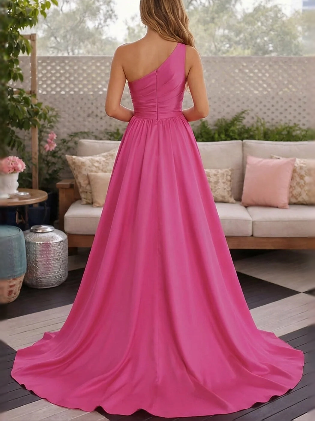 Hot Pink maxi prom dress, alternate view showing the bodice and skirt