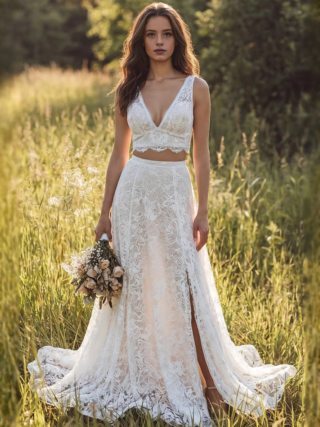 Ivory floor-length wedding dress, alternate view showing the bodice and skirt
