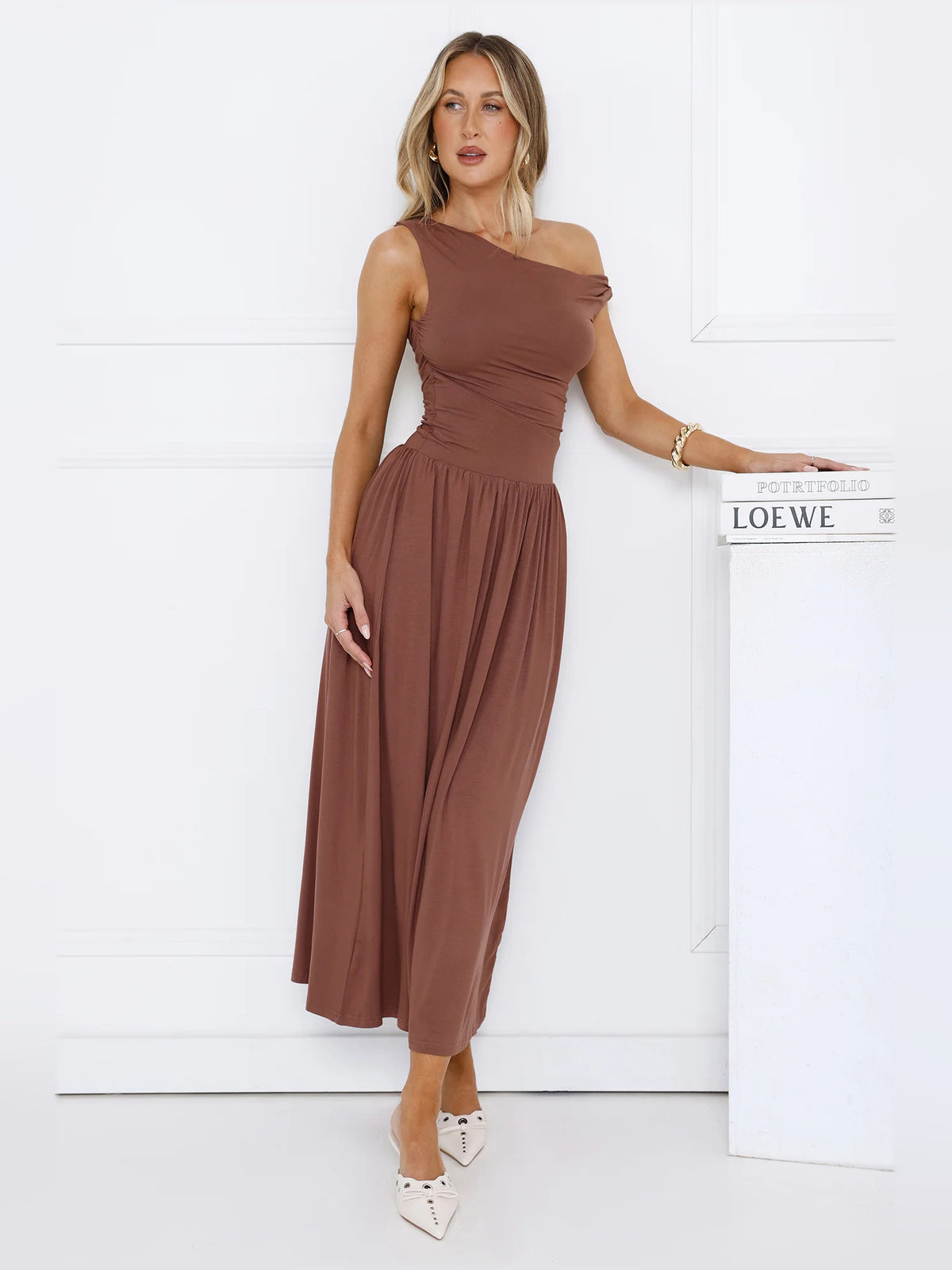 Brown midi formal dress with off-the-shoulder neckline, alternate view