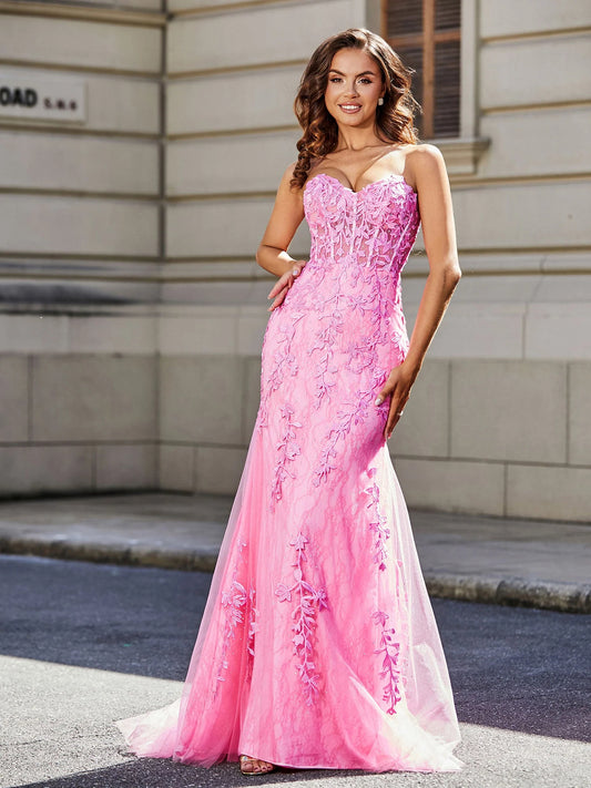 Pink floor-length prom dress, alternate view showing the bodice and skirt