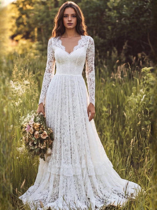 Ivory floor-length wedding dress, alternate view showing the bodice and skirt