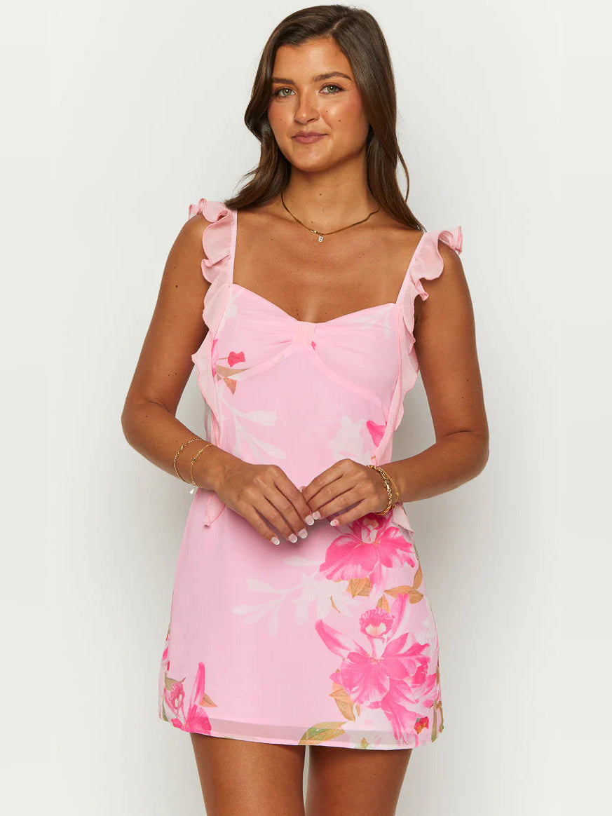 Pink Floral mini homecoming dress, alternate view showing the bodice and skirt