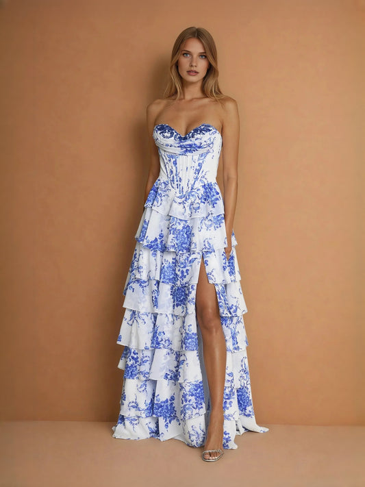 Blue maxi prom dress, alternate view showing the bodice and skirt